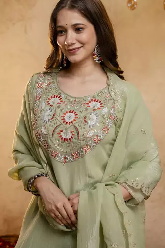 Pista color smart crunchy fabric designer graceful partywear suit for trendy girlie looks