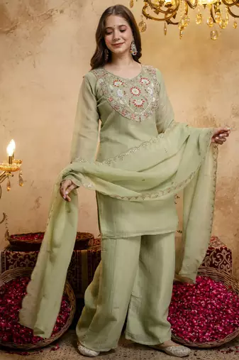 Pista color smart crunchy fabric designer graceful partywear suit for trendy girlie looks