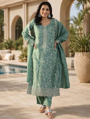Green color smart vichitra fabric designer graceful partywear suit for trendy girlie looks 1