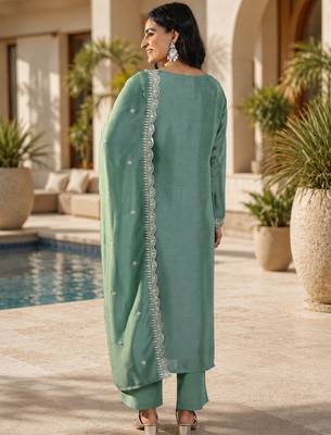 Green color smart vichitra fabric designer graceful partywear suit for trendy girlie looks 2