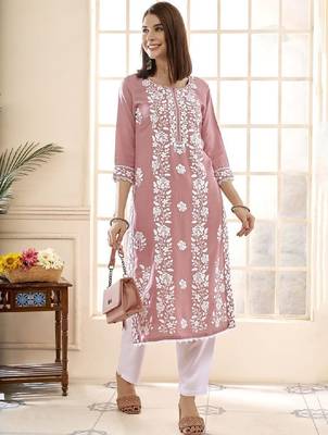 Floral embroidered round neck chikankari straight kurta 1