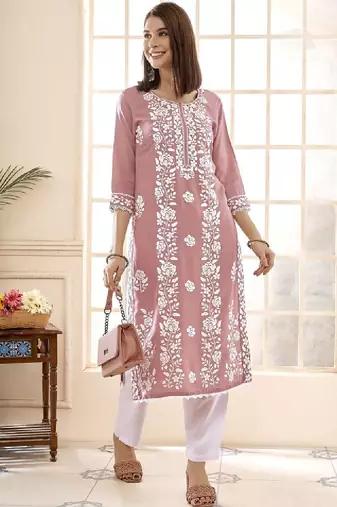 Floral embroidered round neck chikankari straight kurta