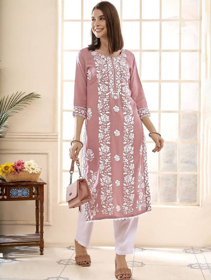 Floral embroidered round neck chikankari straight kurta