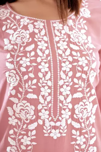 Floral embroidered round neck chikankari straight kurta