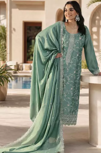 Green color smart vichitra fabric designer graceful partywear suit for trendy girlie looks