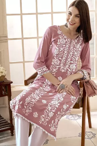 Floral embroidered round neck chikankari straight kurta