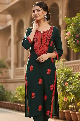 Floral embroidered thread work straight kurta