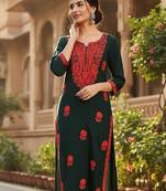 Floral embroidered thread work straight kurta