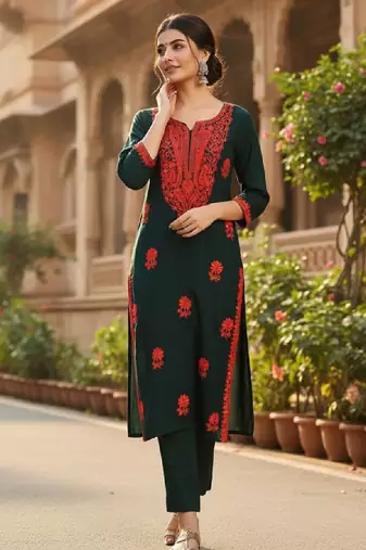 Floral embroidered thread work straight kurta
