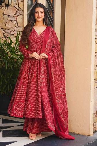 Maroon color smart girlie cambric cotton fancy printed readymade suit