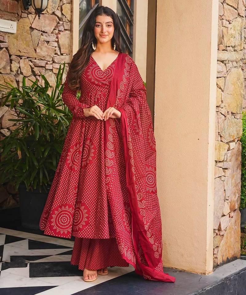 Maroon color smart girlie cambric cotton fancy printed readymade suit