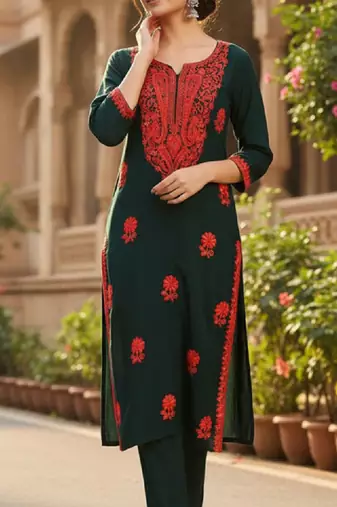 Floral embroidered thread work straight kurta