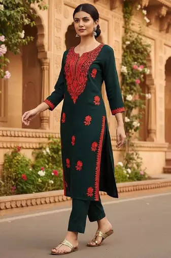 Floral embroidered thread work straight kurta
