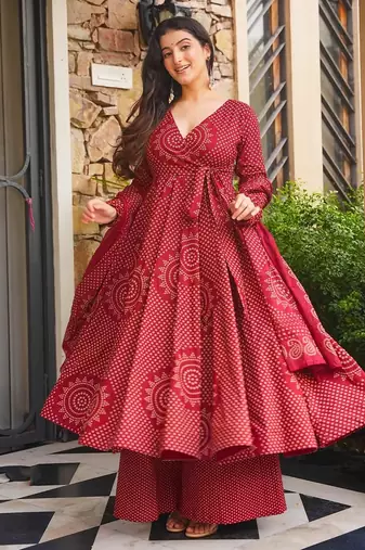 Maroon color smart girlie cambric cotton fancy printed readymade suit