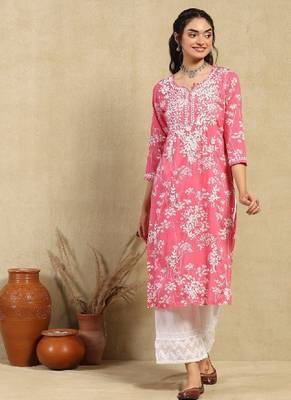 Women pink mulmul chikankari embroidered kurta 2