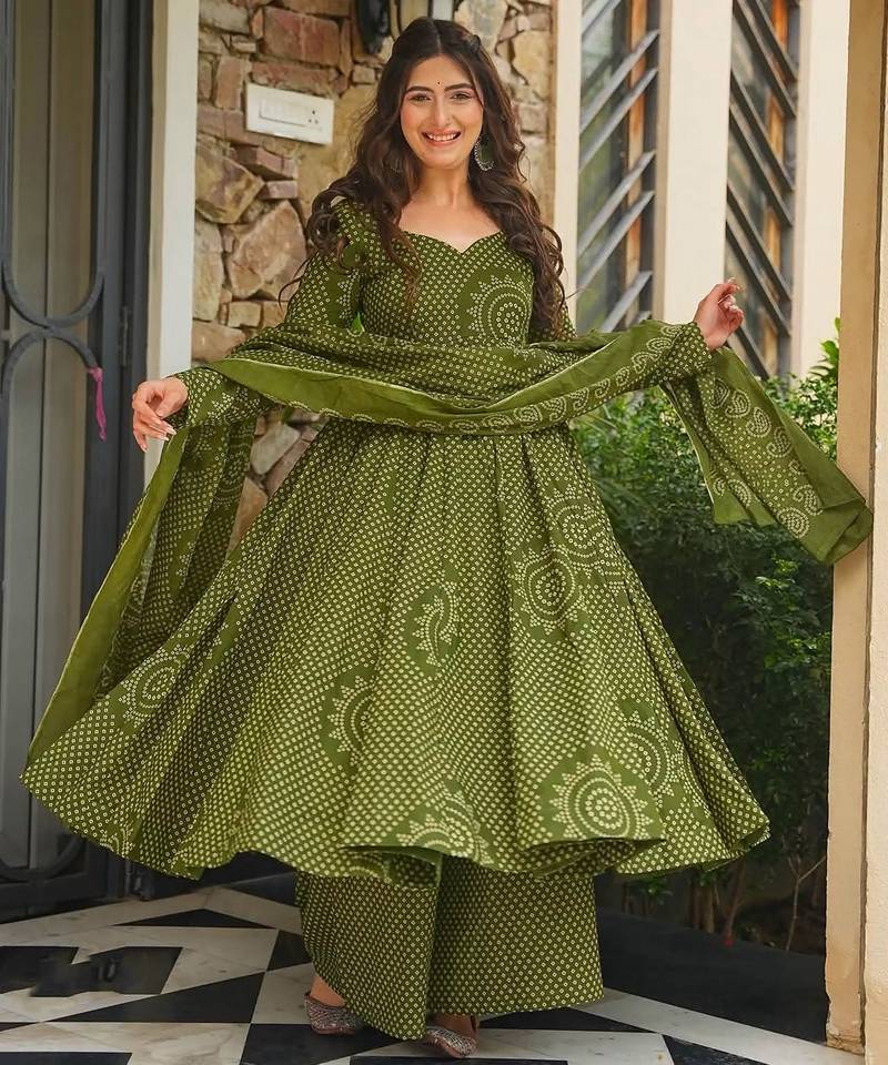 Mahendi color smart girlie cambric cotton fancy printed readymade suit