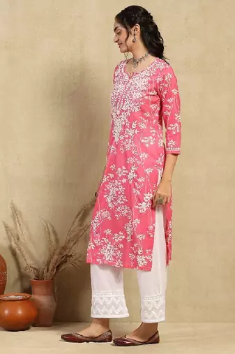 Women pink mulmul chikankari embroidered kurta