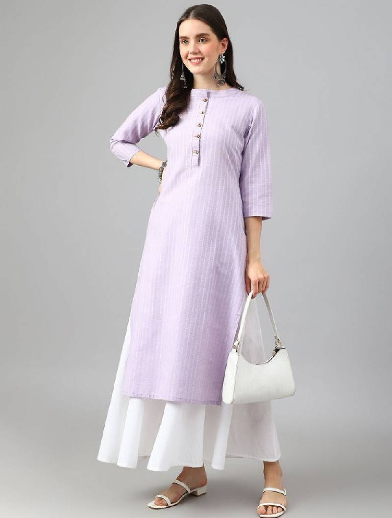 Striped thread work cotton straight kurta