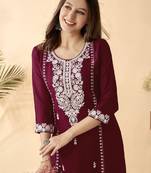 Maroon ethnic motifs embroidered round neck thread work straight kurta