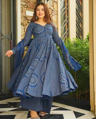 Blue color smart girlie cambric cotton fancy printed readymade suit 1