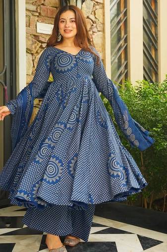 Blue color smart girlie cambric cotton fancy printed readymade suit