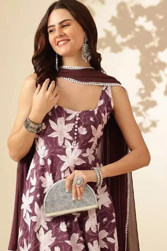 Floral printed square neck sleeveless pure cotton anarkali kurta