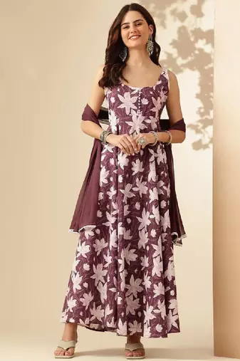 Floral printed square neck sleeveless pure cotton anarkali kurta