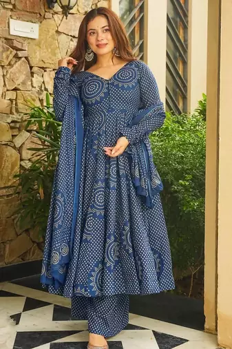 Blue color smart girlie cambric cotton fancy printed readymade suit