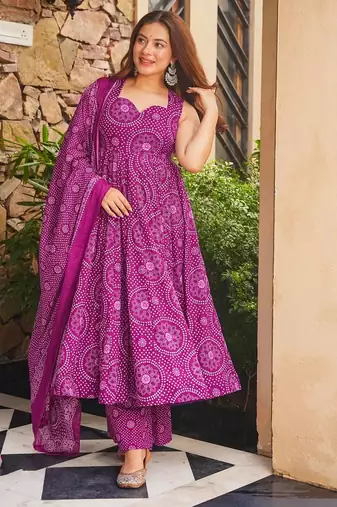 Purple color smart girlie cambric cotton fancy printed readymade suit