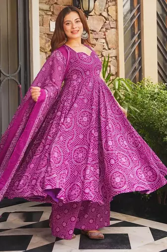 Purple color smart girlie cambric cotton fancy printed readymade suit