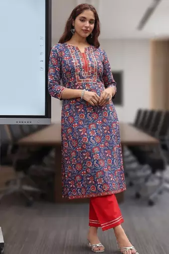 Floral printed notch neck thread work pure cotton a-line kurta