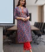 Floral printed notch neck thread work pure cotton a-line kurta