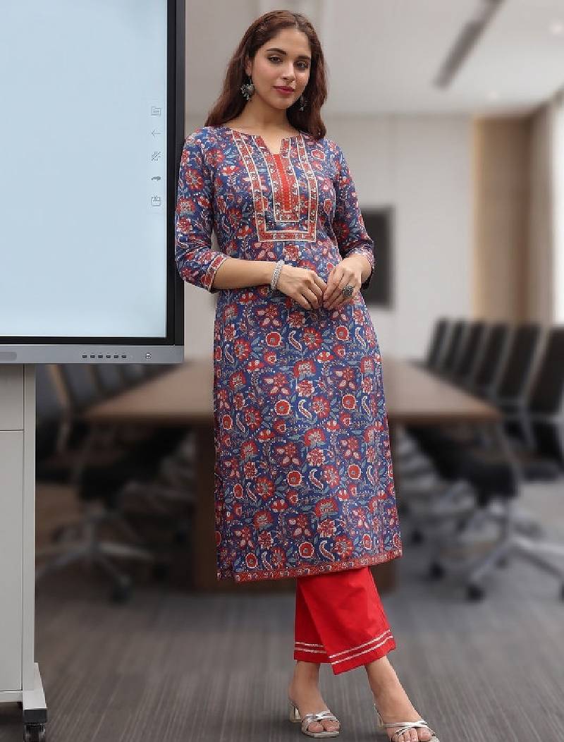 Floral printed notch neck thread work pure cotton a-line kurta