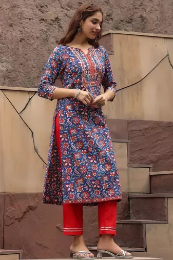 Floral printed notch neck thread work pure cotton a-line kurta