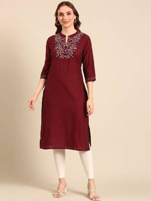 Notched neck thread work pure cotton straight kurta 3