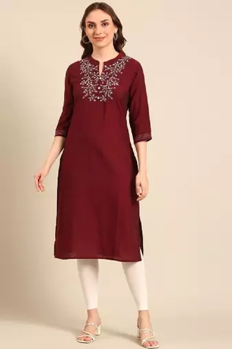 Notched neck thread work pure cotton straight kurta