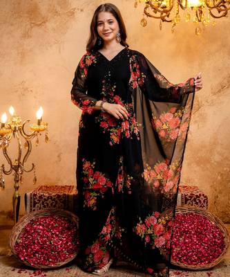 Black color smart and girlie faux georgette fabric fancy festive attire for girls 1