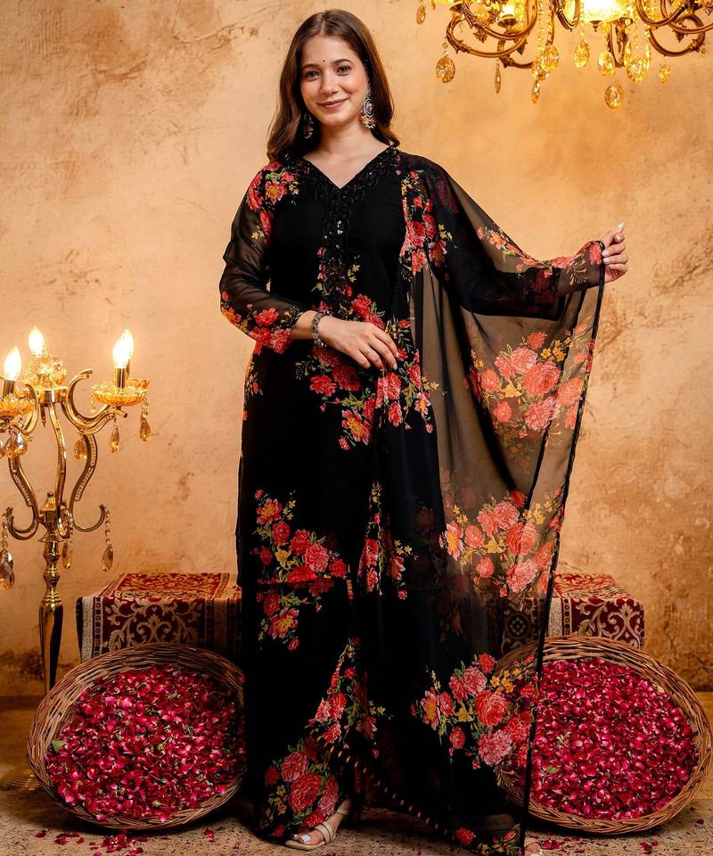Black color smart and girlie faux georgette fabric fancy festive attire for girls