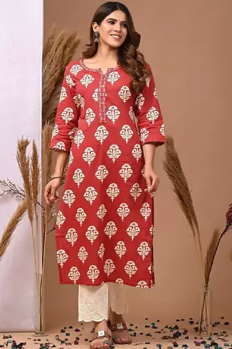 Women ethnic motifs printed thread work kurta