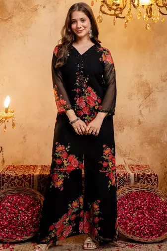 Black color smart and girlie faux georgette fabric fancy festive attire for girls