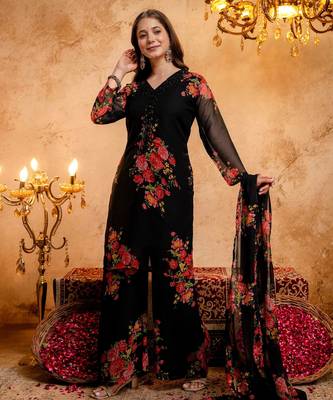 Black color smart and girlie faux georgette fabric fancy festive attire for girls 4