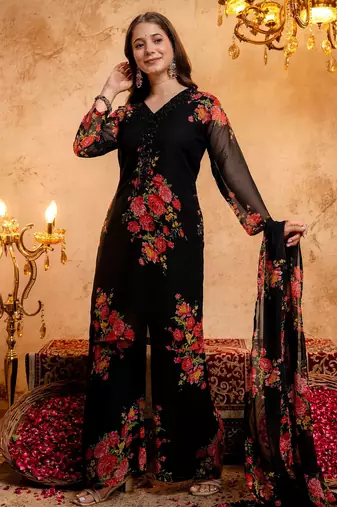 Black color smart and girlie faux georgette fabric fancy festive attire for girls