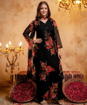 Black color smart and girlie faux georgette fabric fancy festive attire for girls 5