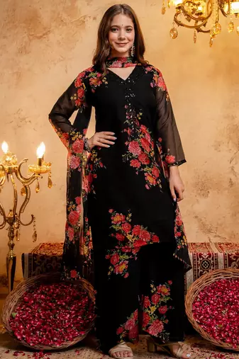 Black color smart and girlie faux georgette fabric fancy festive attire for girls