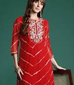 Leheriya print zari & mirror embroidered straight georgette kurta