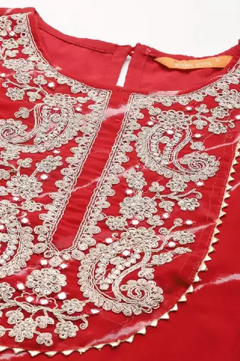 Leheriya print zari & mirror embroidered straight georgette kurta