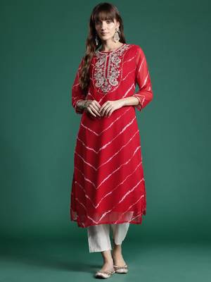Leheriya print zari & mirror embroidered straight georgette kurta 3
