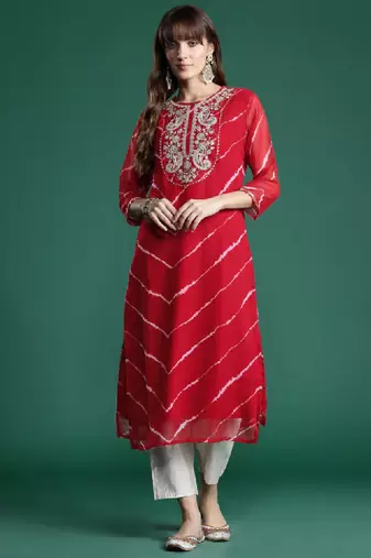 Leheriya print zari & mirror embroidered straight georgette kurta