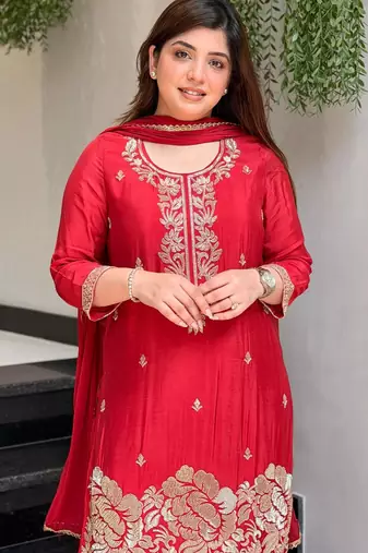 Red color smart and girlie franch crepe fabric fancy festive attire for girls