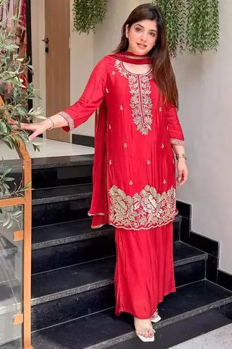 Red color smart and girlie franch crepe fabric fancy festive attire for girls
